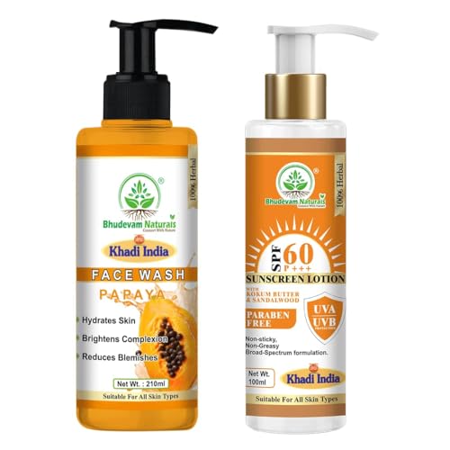 Image of Khadi Sunscreen SPF 60 PA+++ with Papaya Face Wash Combo for Glowing Skin By Bhudevam Naturals | UV Protection Sun Cream + Brightening Papaya Cleanser for Men & Women - Pack Of 2
