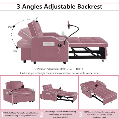 Image of Convertible Sofa Bed, 3 in 1 Futon Sofa Bed with USB Charging Ports, Cup Holder, Phone Stand & Pocket, Modern Upholstered Sleeper Sofa for Living Room, Apartment or Small Space (Pink)