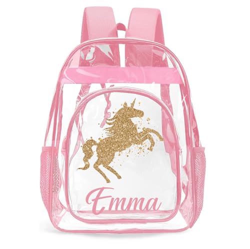 Personalized Clear Backpacks with Name, Custom Unicorn Clear Backpack for Women Men, with Reinforced Strap & Large Capacity PVC Transparent Waterproof Backpacks for Travel Camping Work