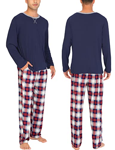 SWOMOG Men & Women Pajama Sets for Couples Long Sleeve Sleepwear Top Plaid Pants Loungewear Set with Pockets Men Navy Blue - Blue Plaid Small4