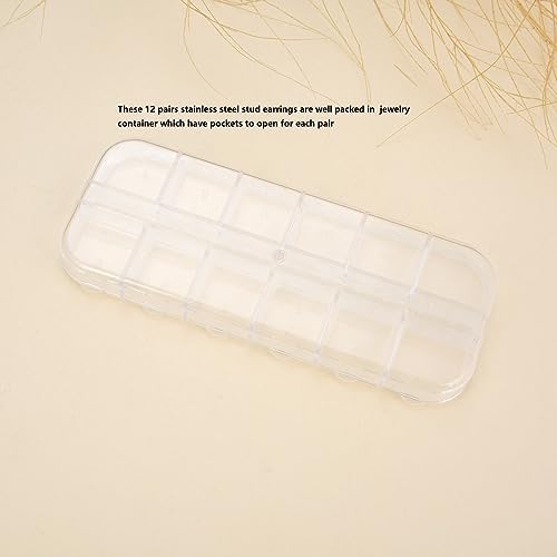 12 Pairs Stainless Steel CZ Stud Earrings for Women, Brilliant Cut Round Cubic Zirconia Stud Earrings, Birthstone Stud Earrings Set2