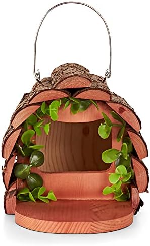 SA Products Wooden Squirrel Feeder - Natural Bark Wood Material - Hanging Nesting Feeding Station for Bird, Animals - Outdoor Garden Wild Food Storage Box for Nuts, Peanuts, Seeds, Fruit - 16x24x15cm