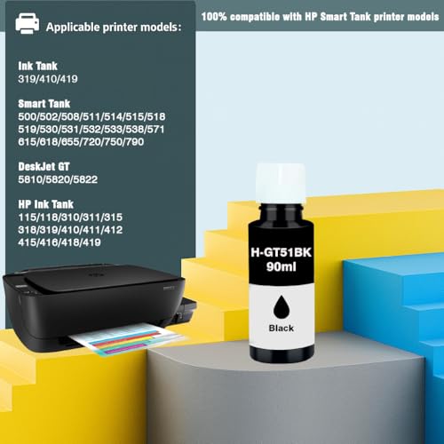Image of KOSH Refill Ink Bottle Compatible for HP Deskjet 5810,5811,5820,5821,5822, Inktank Wireless 310,315,316,319,410,415,416,419,Smart Tank 115,500,510,515,516,720,750,790 Printers (1, GT51 90ML)