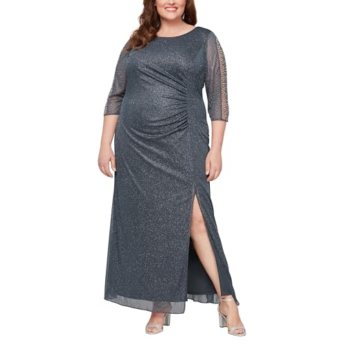Image of S.L. Fashions Womens Long Length Ruched Waist Formal Mother of The Dress with Beaded Illusion 3 /4 Sleeves (Plus Size)