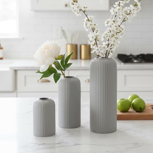 Image of KREATIVE ART'S Grey Flower Vase for Living Room | Ceramic Vase for Home Decor | Home Decoration Items for Living Room & Hall | Grey Ceramic Vase Set of 3 - Modern Home Decor Items