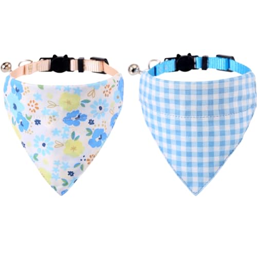 Cat Collars Breakaway with Bandana Bell Plaid Flower Pet Kitten Adjustable for Small Dog Puppies