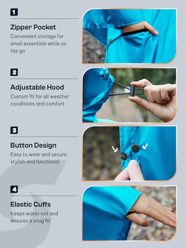 Image of SaphiRose Adult Rain Poncho Waterproof Hooded Zipper Raincoat with Pockets | OEKO-TEX Certified 100% Polyester, Lightweight Packable Storage Pouch, Heat-Sealed Seams, Quick-Dry for Outdoor Hiking