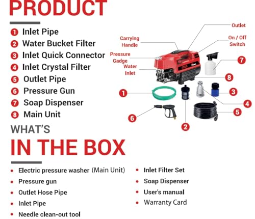 Image of High Pressure Washer 1800W | 135 Bar Powerful Jet | 6.5 L /Min Flow | 8 m Outlet Hose | Auto Stop & Safety | ISI Marked Wire & Plug | Black & Red