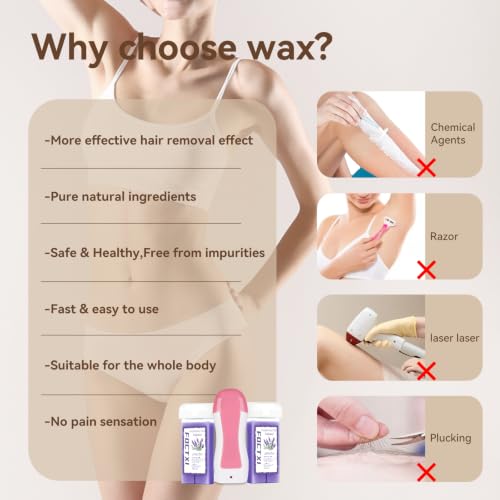 Image of Roll On Wax kit, Wax Roller Kit for Hair Removal with 2 Lavender Soft Wax Cartridge, 100 Non-Woven Wax Strips & 10 Wipes, Sensitive Skin Roll on Waxing Kit for Women
