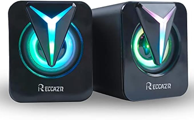 RECCAZR Computer Speakers, 2.0CH PC Speakers with RGB Lights, in-line Volume Control, 6W USB Powered Stereo Desktop Speakers with 3.5mm AUX for PC/Laptop/Projector/Tablet/Cellphone