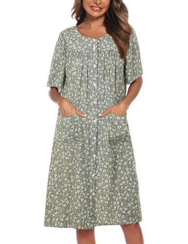 Image of COSUNIONY House Dresses for Women Cotton Short Sleeve House Coat Buttons Down Dusters Robe with Pockets S-XXL