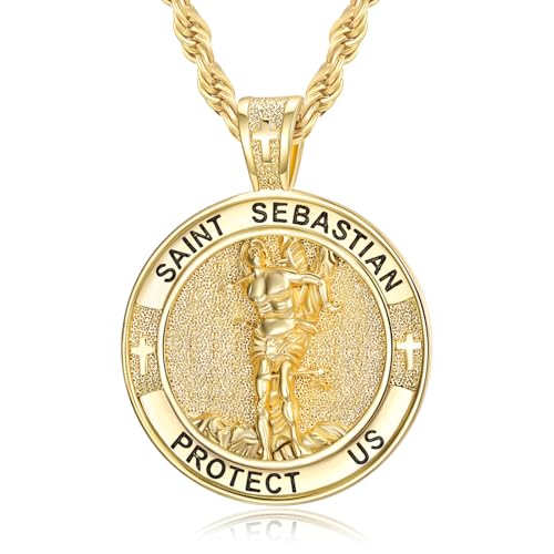Fathers Day Jewelry Gifts St Sebastian Medal 14K Gold Plated Saint Sebastian Pendant Necklace Medalla De San Sebastin Protection Jewelry Confirmation First Communion Necklace Catholic Christian Religious Gifts for Men
