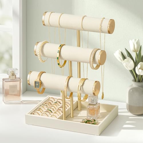SONGMICS Porte-Bracelet, Présentoir à Bijoux, Support Bracelet, 3 Niveaux, Plateaux en Velours, Support Amovible, Blanc Crème et Doré Clair JJS027W101