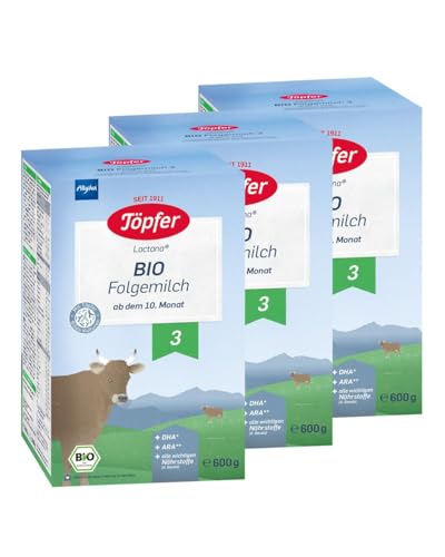 Töpfer Bio Folgemilch 3 - 3 x 600g Milchpulver - Babynahrung als Anschluss an das Stillen / zur Beikost – ab dem 10. Monat. - Mit Bio-Milch aus dem Allgäu