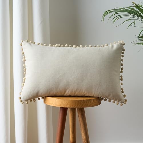 Image of 100% Cotton Pom Pom Cushion Without Filler, Elegant & Modern Cushion Cover for Living Room, Rectangle, 12 inchx20 inch, uni Chambray, Set of 2 - Beige