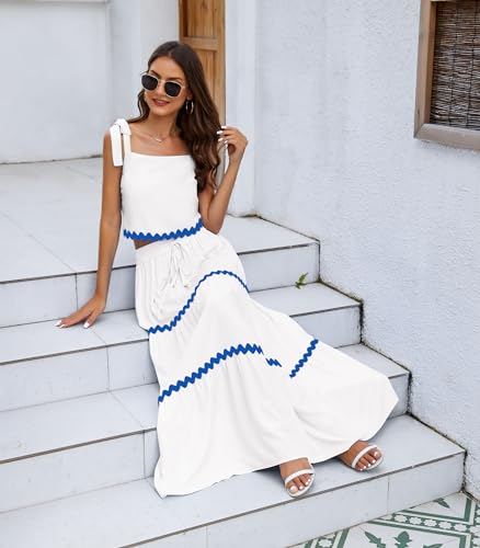 Image of Womens Two Piece Skirt Set 2024 Summer Sets Tie Up Sleeveless Tank Top Maxi Skirt Casual Beach Cruise Vacation Dresses Sundresses Outfits with Pockets White