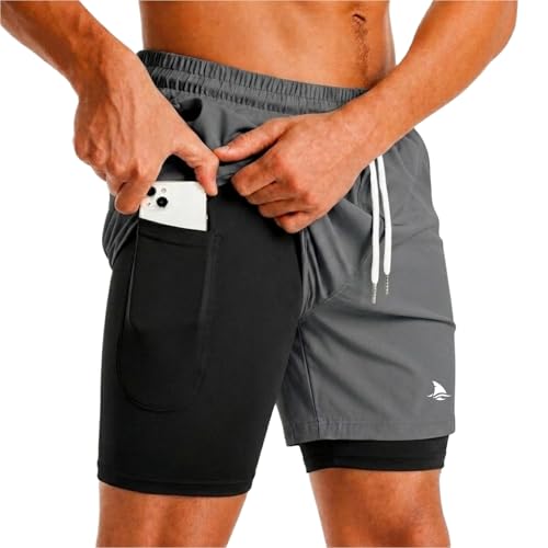 Image of Boldshark Men's 2-in-1 Running Shorts with Inner Compression Layer, Quick-Dry Sports Shorts with Phone Pocket for Gym, Running & Training