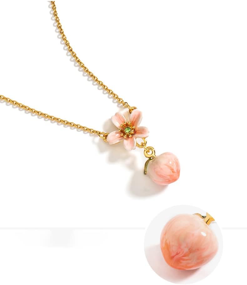Peach Blossom Flower Enamel Pendant Necklace Handmade Jewelry Gift 18K Gold Plated Copper