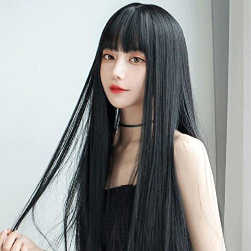 72cm/28.3inch Long Straight Wig, Long Black Wig with Bangs - Image 4