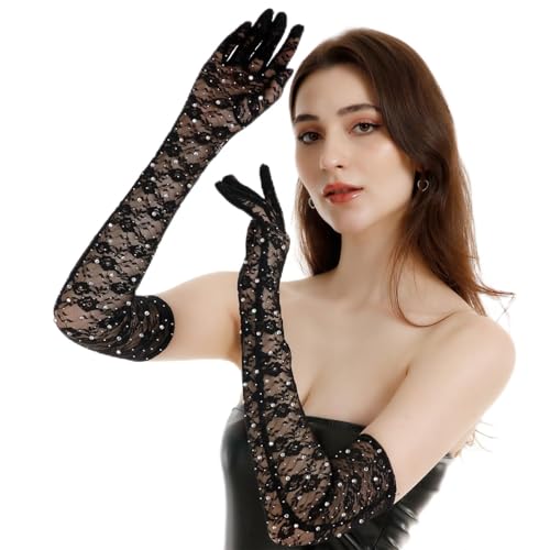 Black Lace Arm Sleeves for Women, Sparkling Lace Gloves for Wedding Tea Party Pattern Engagement Dress