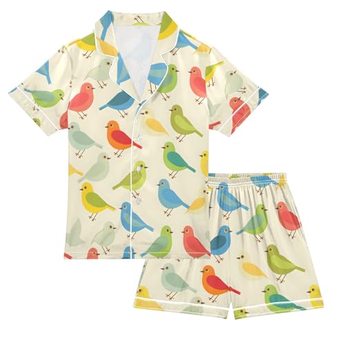 ALAZA Bird Cartoon Colorful Pajamas Satin Pajama Set Short Sleeve Button Down Sleepwear