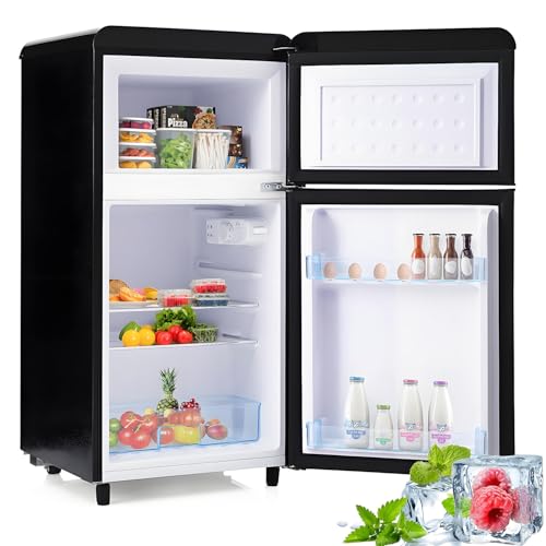 Frigorífico retro de dos puertas, superior e inferior, 72 litros de volumen total y 21 litros de congelador, 120 kWh/año, luz LED, clase energética E,Black