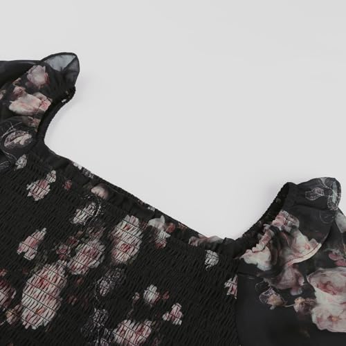 Image of Scarlet Darkness Floral Dress for Women Summer Puff Sleeve Square Neck A Line Flowy Wedding Guest Tea Party Dresses