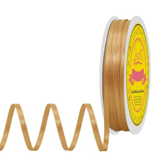 Image of Double Face Old Gold Satin Thin Ribbon 1 /8 inch X 50 Yards Polyester Old Gold Ribbon for Gift Wrapping Very Suitable for Weddings Party Hair Bow Invitation Decorations and More