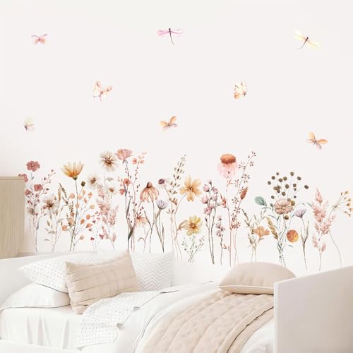 milaosk Wandtattoo Blumen Boho Wandsticker Wildblumen Schmetterlinge Libellen Wandbilder Tattoos Wandaufkleber für Schlafzimmer Wohnzimmer Sofa Hintergrund Kinderzimmer Möbel Wanddeko