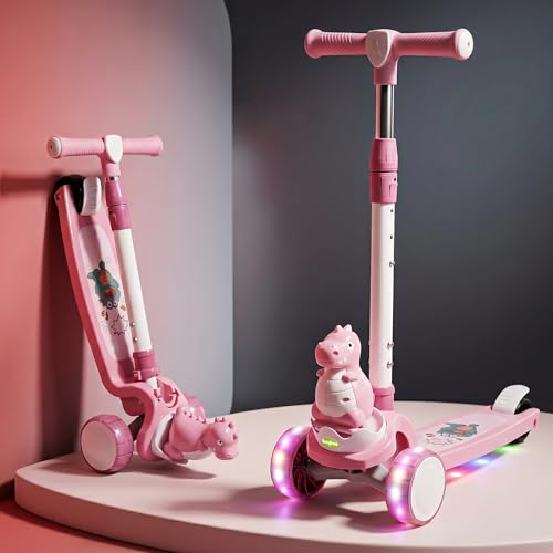 Image of Baybee Dino Blaze Kick Scooter for Kids | 3 Wheel Skate Scooter with RGB LED Wheels & Music | 3 Height Adjustable T-Bar Handle & Rear Brake | Foldable Skate Scooter for Kids 3 to 8 Years (Dark Pink)