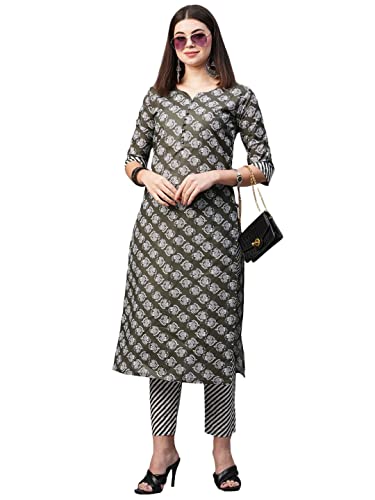 Image of GoSriKi Women's Cotton Blend Printed Straight Kurta With Pant