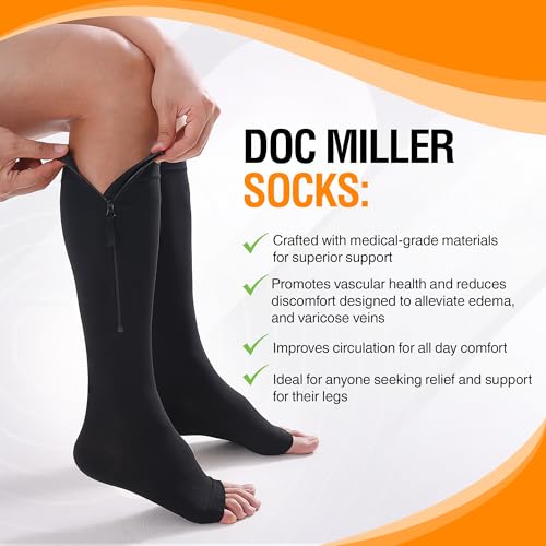 Image of Doc Miller Compression Socks with Zipper 15-20 mmHg for Women & Men | Open Toe, Knee High, Wide Calf, Circulation Support, Swelling, Travel, Work, Pregnancy, All-Day Wear, 1 Pair