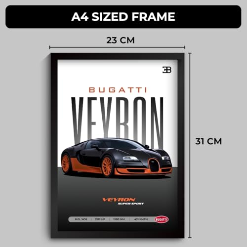 Image of Bugatti Veyron Poster | Framed Bugatti A4 Sized (31 x 23 cm) | Veyron Car Poster for Wall, Gift for Boys, Hypercar Frames | Dream Car Posters for Wall, Bedroom, Hostel, Study Area, Hostel (F 072)