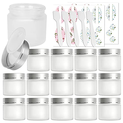 15 Pack, 2 oz 60ml Frosted Glass Jars with Silver Lids & Inner Liners, Empty Matte Clear Round Refillable Cosmetic Containers Travel Jars for Cosmetics,Body Butter,Scrubs,Face Cream Lotion and More