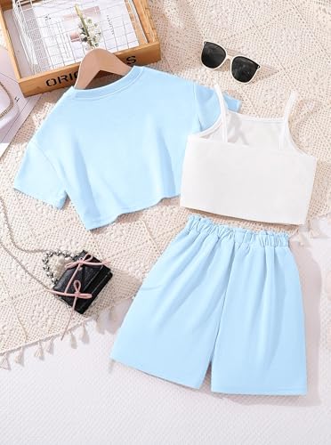 Image of Hilinker Girls 3 Piece Summer Outfits Graphic Crop Tee and Cami Top with Shorts Set