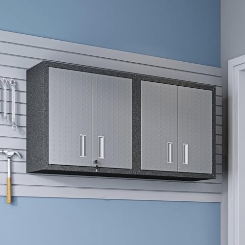Image of Manhattan Comfort Fortress 30 inch Floating Garage Storage Cabinet Set of 2, Lockable, Adjustable Shelves, Recessed Handles, Steel Wall Mounted Utility Cabinet for Workshop, Garage, Basement in Black /Grey
