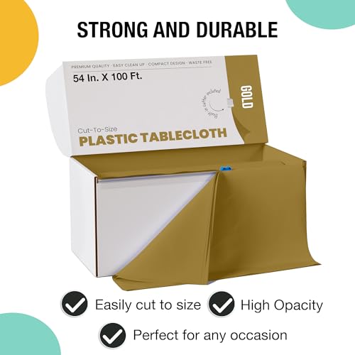 Image of Exquisite Party Solids 54 Inch X 100 Feet Gold Plastic Table Cover Roll in A Cut - to - Size Box with Convenient Slide Cutter. Cuts Up to 12 Rectangle 8 Feet Plastic Disposable Tablecloths