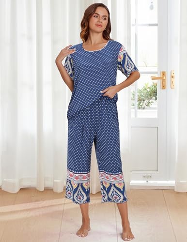 Image of Ekouaer Women's Two Piece Lounge Set Short Sleeve Shirt and Capri Pants Mumu Pajama with Pockets Loungewear Pjs Sets S-2XL