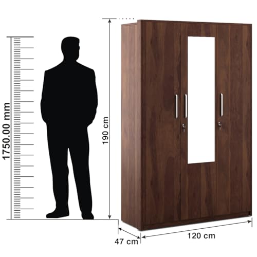 Image of Spacewood Value Wardrobe | 3 Year Warranty | Almirah, Cupboard, Almari, 3 Door Wardrobe with Mirror, 1 Drawer (1 Lock Drawer) and 1 Hanging Space|Engineered Wood| Sheesham