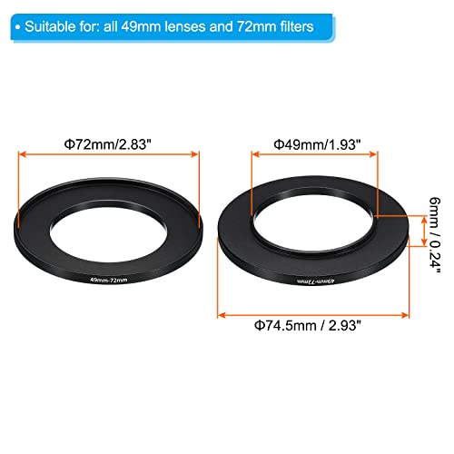 Image of PATIKIL 49mm-72mm Metal Step Up Ring, 2 Pack Camera Lens Filter Adapter Ring Aluminum Filter Adapter Ring for Camera Lenses Hood, Black