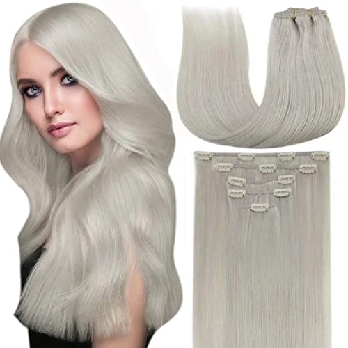 LaaVoo Real Hair Extensions Clip in Human Hair Blonde 22 Inch 5pcs/70g #60 White Blonde Clip on Hair Extensions Human Hair Double Weft Full Head Set