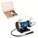Scheppach Touret à Meuler double HG35 | 120W | Avec arbre flexible | Meule K120 et Disque à Polir K400 Ø75 mm | Pare étincelles & Support de pièce | Coffret de 103 accessoires inclus