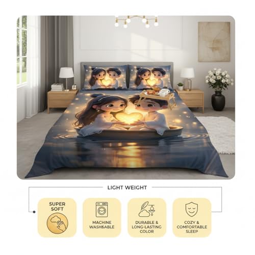 Image of Decor Well 7d Bedsheet for Double Bed King Size with 2 Pillow Covers, Polycotton 220 TC Super Soft & Breathable, Wrinkle Free New Yellow Heart Printed Bedsheet Set (90x100 Inch)