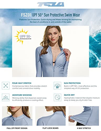 Tsla Women's Upf 50+ Zipper Rash Guard, Water Surfing Long Sleeve Swimsuit, Uv/Sun Protection Swim Shirts Wetsuit Top, Full Zip Rashguard Ash Blue, Large #TOP5