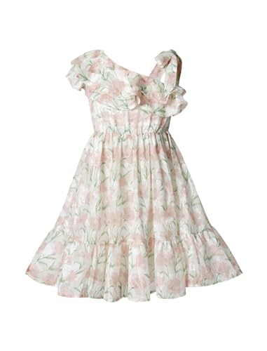 Girls Floral Dress One Shoulder Ruffle Sleeves Summer Casual Dress Pink Tulip 3-9 Y