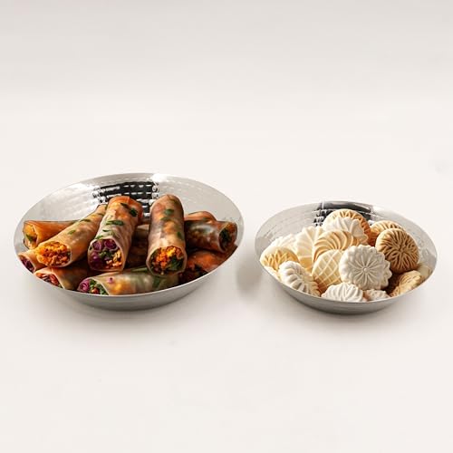 Image of Spillbox Stainless Steel Hammered Parat Lunch Plate Set - Quarter, Snack, Nasta, Dessert, Side Dish - Mirror Finish, BPA Free - Set of 2