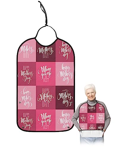 Mother's Day Adult Bib for Eating with Crumb Catcher,Washable & Waterproof Terry Cloth Adjustable Elderly Women Men Adult Bibs Funny Apron Clothing Protector Ombre Pink Lattices Happy Mother's Day
