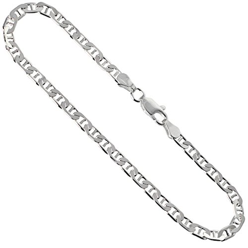 Sterling Silver Flat Mariner Link Chain Anklet 3.7mm Nickel Free Italy, 9.5 inch