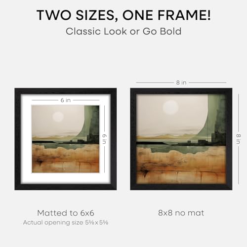 Image of Homeforia 8x8 Picture Frame Black Wood, High-End Oak 8 x 8 Square Frames with Mat 6 by 6 inch Photo, 8x8 Wooden Frame Matted to 6x6 Art, 8by8 Wall or Tabletop Frame, Tempered Glass, Wall Kit, Set of 3