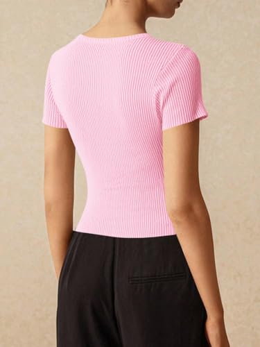Image of Imily Bela Womens Short Sleeve Sweater Tops Summer Button Down Casual Ribbed Knit Slim Fit Cropped Cardigan Shirts